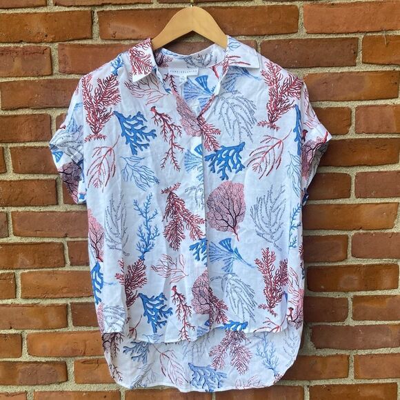 Jane + Delancey Linen-blend Coral Print Reef Shirt Blouse - Picture 1 of 7